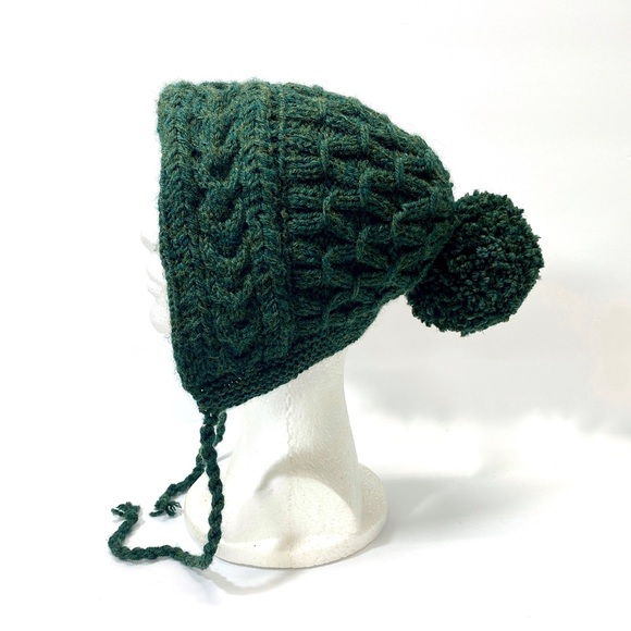 Hand Knit Ladies Ski Bonnet with Pom Pom, Earthy Neutral Green, Snow Bunny Hat main image 9